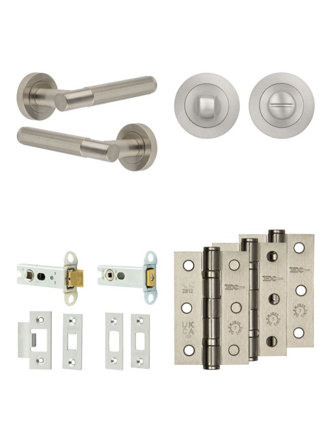 Complete Bari Door Handle Pack - Heavy Duty Tubular Bathroom (Standard Thumb Turn) - Satin Nickel - 76mm / 3-inch Hinges - JE-D31B3-SN