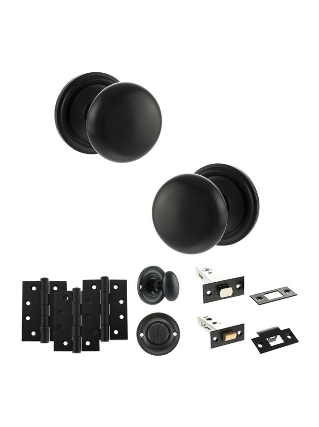 Old English Harrogate Door Knob Pack (Bathroom Set - 3" Deadbolt, 4" Fire Rated Hinges x3) - Matt Black