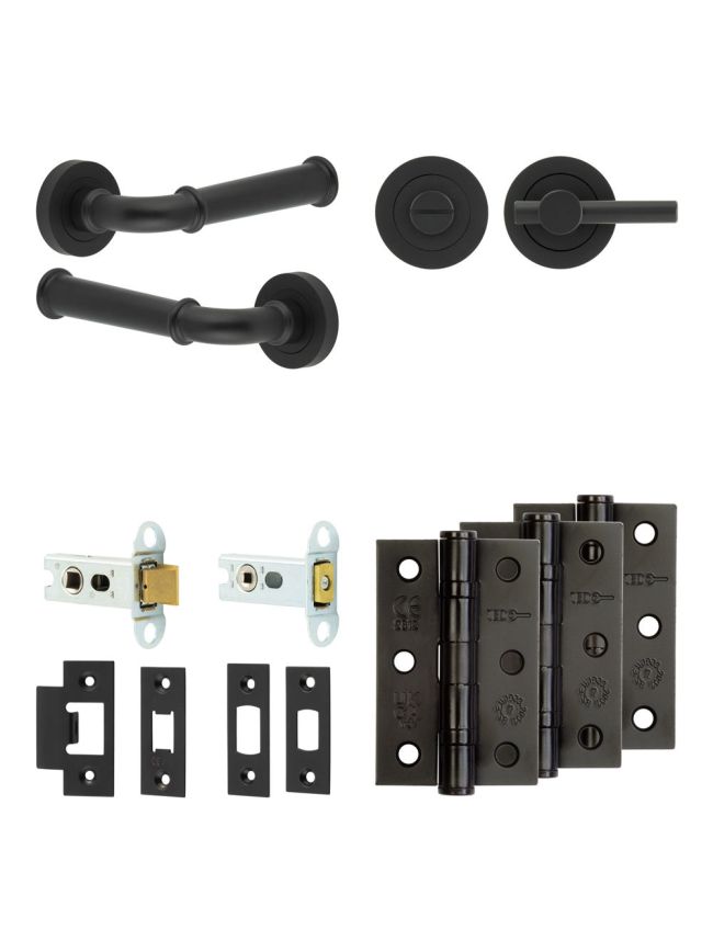 Complete Classic Door Handle Pack - Heavy Duty Tubular Bathroom (Plain Thumb Turn) - Matt Black - 64mm / 3-inch Hinges - JE-A30B2-MB