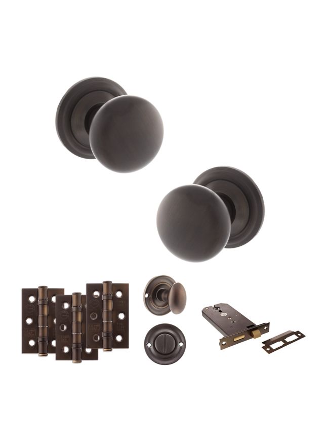 Old English Harrogate Door Knob Pack (Lock Set - Horizontal Bathlock, 3" Fire Rated Hinges x3) - Urban Dark Bronze