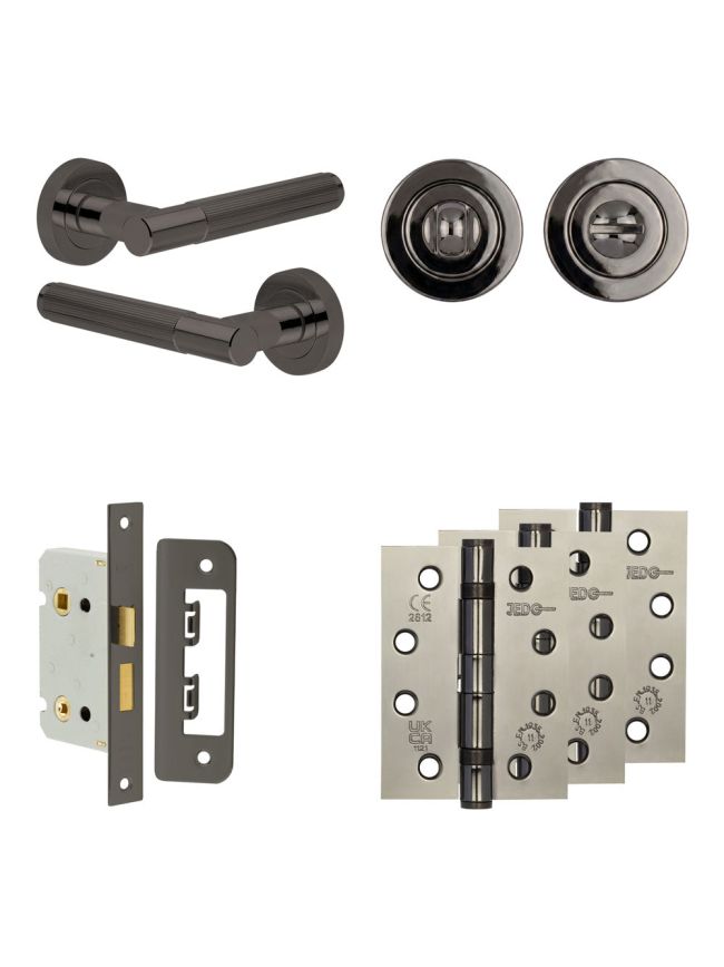 Complete Venice Door Handle Pack - Bathroom Lock (Standard Thumb Turn) - Black Nickel - 65mm / 4-inch Hinges - JE-F5A3-BN