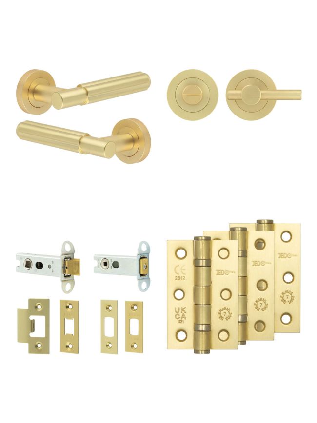 Complete Bloom Door Handle Pack - Heavy Duty Tubular Bathroom (Plain Thumb Turn) - Satin Brass - 76mm / 3-inch Hinges - JE-B31B2-SB