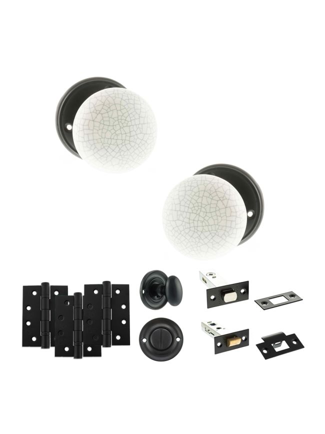 Old English Skipton Door Knob Pack (Bathroom Set - 3" Deadbolt, 4" Fire Rated Hinges x3) - Matt Black