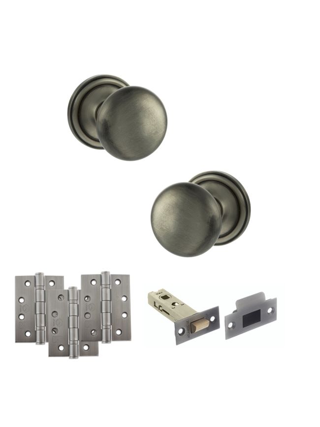 Old English Harrogate Door Knob Pack (Latch Set - 3" HD Latch, 4" Fire Rated Hinges x3) - Matt Gun Metal