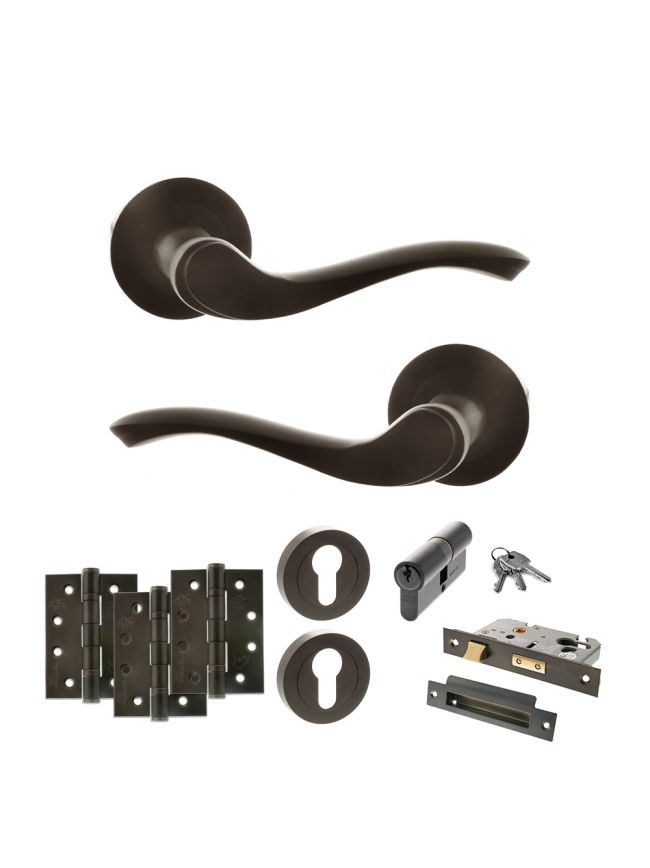 Old English Warwick Door Handle Pack (Euro Lock Set - 2.5" CE Sashlock, 4" Fire Rated Hinges x3) - Urban Dark Bronze