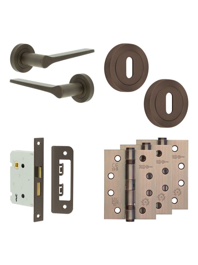 Complete Gio Door Handle Pack - Sashlock - Dark Bronze - 76mm / 4-inch Hinges - JE-E8A8-DB
