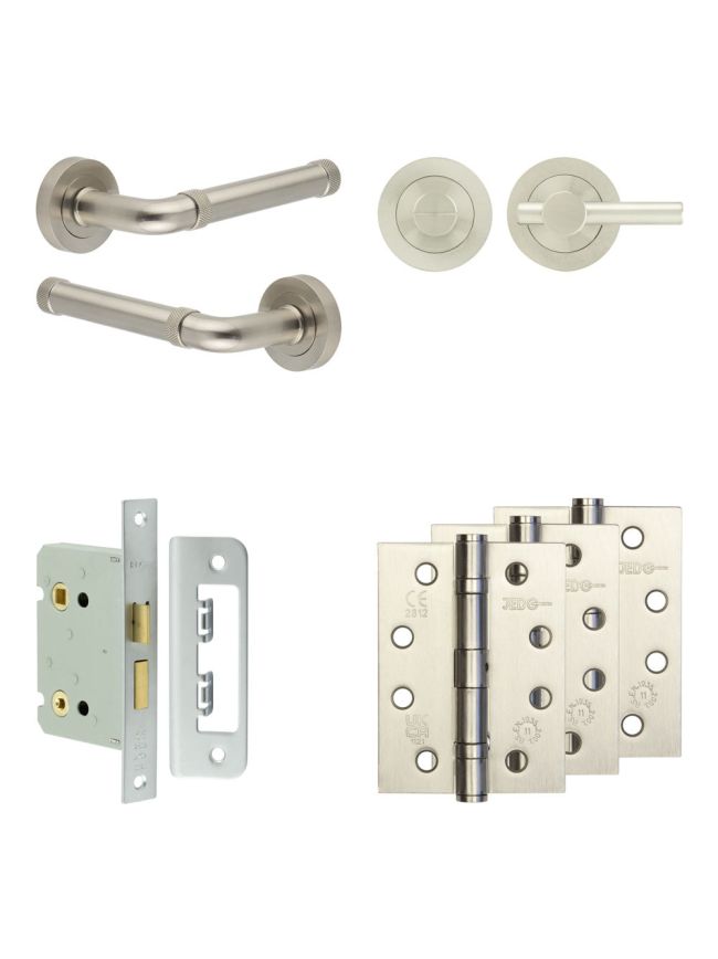 Complete Midtown Door Handle Pack - Bathroom Lock (Plain Thumb Turn) - Satin Nickel - 76mm / 4-inch Hinges - JE-G6A2-SN
