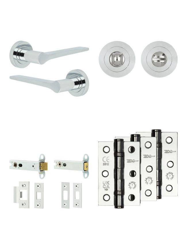 Complete Gio Door Handle Pack - Heavy Duty Tubular Bathroom (Standard Thumb Turn) - Polished Chrome - 102mm / 3-inch Hinges - JE-E32B3-PC
