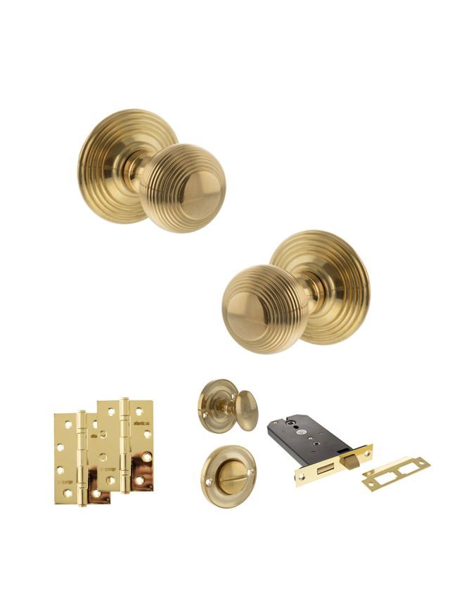Old English Ripon Door Knob Pack (Lock Set - Horizontal Bathlock, 4" Slim Knuckle Hinges x2) - Raw Brass