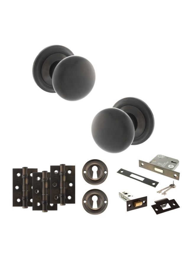 Old English Harrogate Door Knob Pack (Lock Set - 3" Latch & Deadlock, 3" Fire Rated Hinges x3) - Urban Dark Bronze