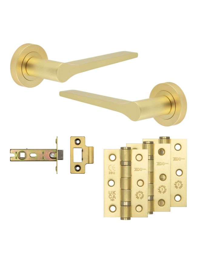 Complete Gio Door Handle Pack - Internal Doors - Satin Brass - 76mm / 3-inch Hinges - JE-E3B-SB