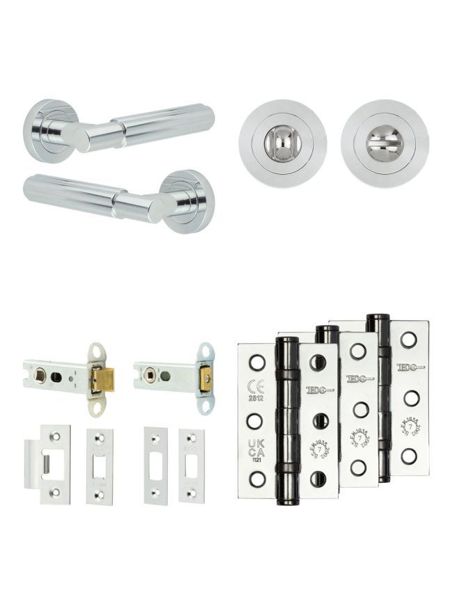Complete Bloom Door Handle Pack - Heavy Duty Tubular Bathroom (Standard Thumb Turn) - Polished Chrome - 76mm / 3-inch Hinges - JE-B31B3-PC