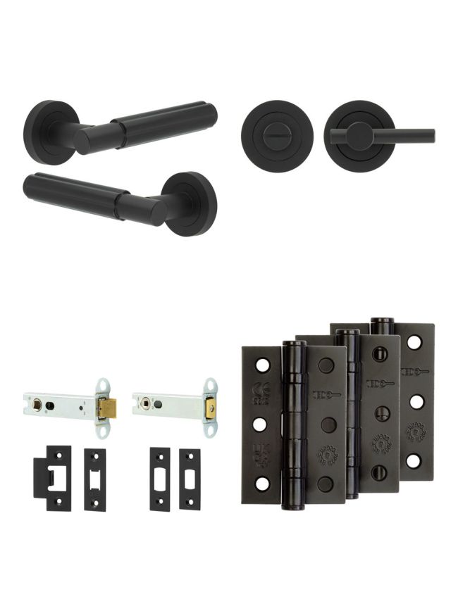 Complete Bloom Door Handle Pack - Heavy Duty Tubular Bathroom (Plain Thumb Turn) - Matt Black - 102mm / 3-inch Hinges - JE-B32B2-MB