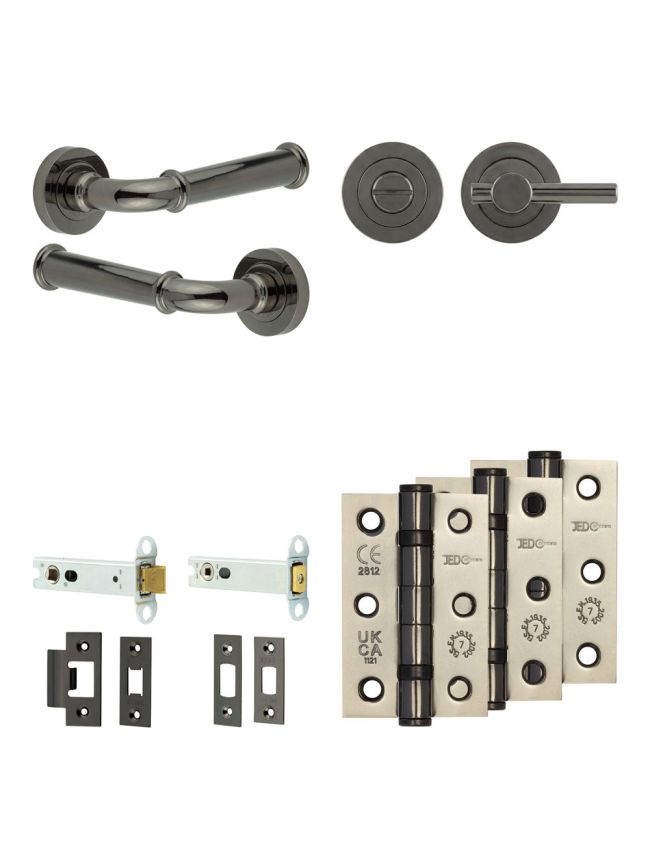 Complete Classic Door Handle Pack - Heavy Duty Tubular Bathroom (Plain Thumb Turn) - Black Nickel - 102mm / 3-inch Hinges - JE-A32B2-BN