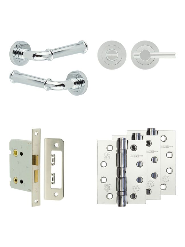 Complete Classic Door Handle Pack - Bathroom Lock (Plain Thumb Turn) - Polished Chrome - 76mm / 4-inch Hinges - JE-A6A2-PC