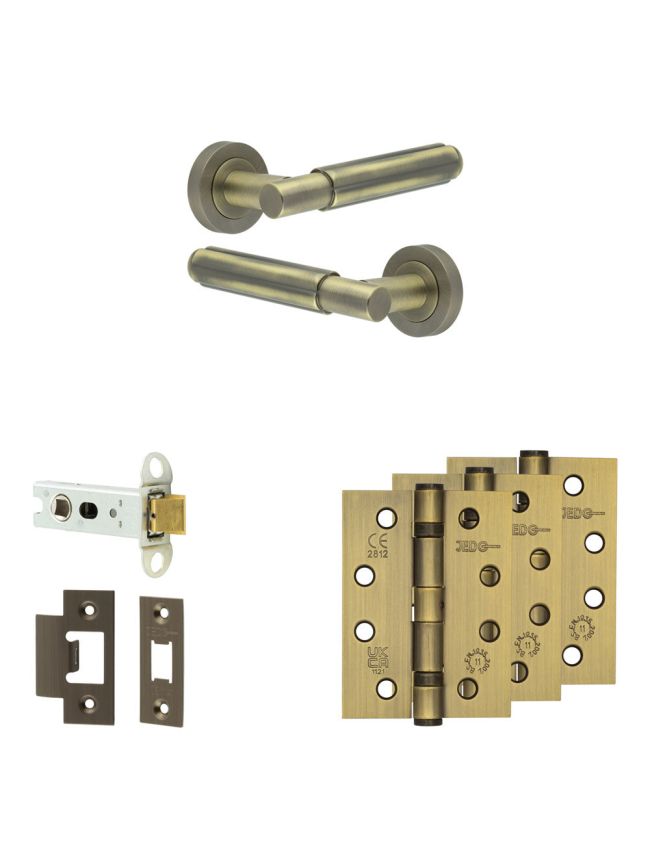 Complete Bloom Door Handle Pack - Heavy Duty Latch - Antique Brass - 76mm / 4-inch Hinges - JE-B21A-AB