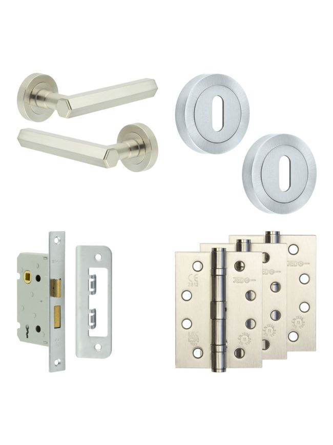 Complete Hex Door Handle Pack - Sashlock - Satin Nickel - 65mm / 4-inch Hinges - JE-C7A8-SN