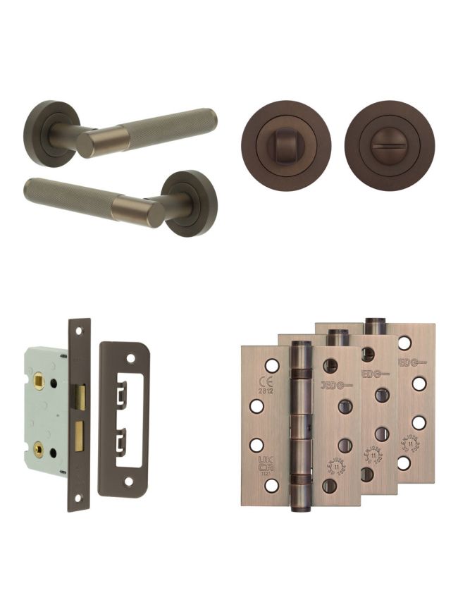 Complete Bari Door Handle Pack - Bathroom Lock (Standard Thumb Turn) - Dark Bronze - 65mm / 4-inch Hinges - JE-D5A3-DB