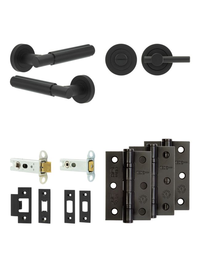 Complete Bloom Door Handle Pack - Heavy Duty Tubular Bathroom (Plain Thumb Turn) - Matt Black - 76mm / 3-inch Hinges - JE-B31B2-MB