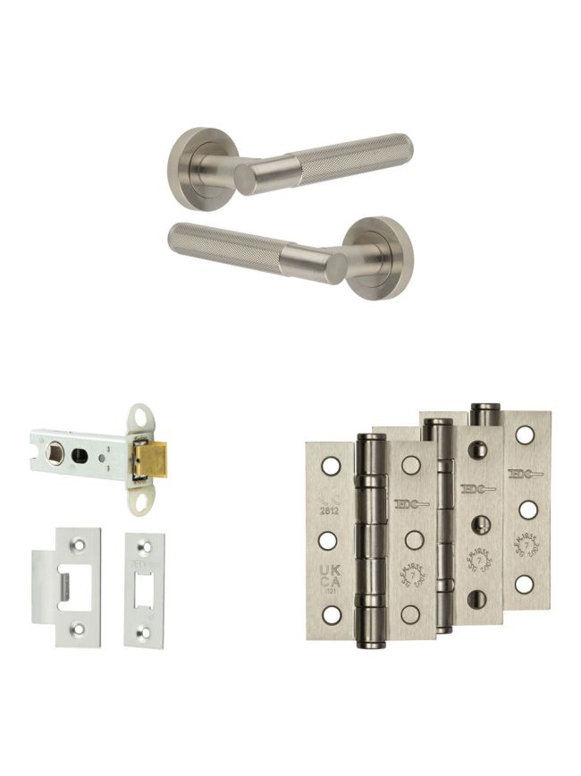 Complete Bari Door Handle Pack - Heavy Duty Latch - Satin Nickel - 76mm / 3-inch Hinges - JE-D21B-SN