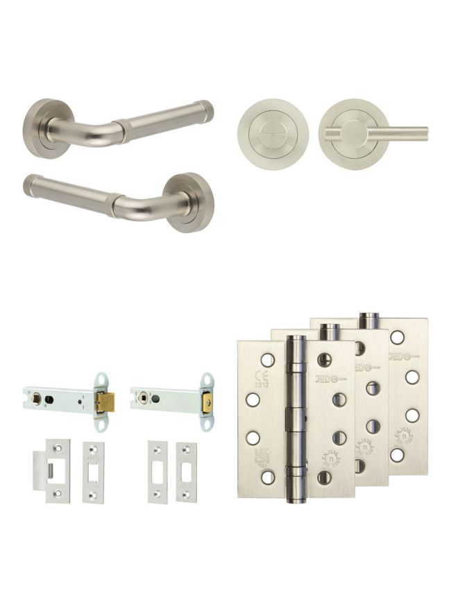 Complete Midtown Door Handle Pack - Heavy Duty Tubular Bathroom (Knurled Thumb Turn) - Satin Nickel - 102mm / 4-inch Hinges - JE-G32A1-SN