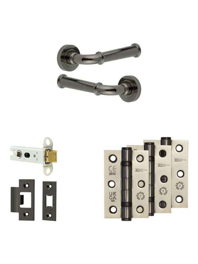 Complete Classic Door Handle Pack - Heavy Duty Latch - Black Nickel - 76mm / 3-inch Hinges - JE-A21B-BN