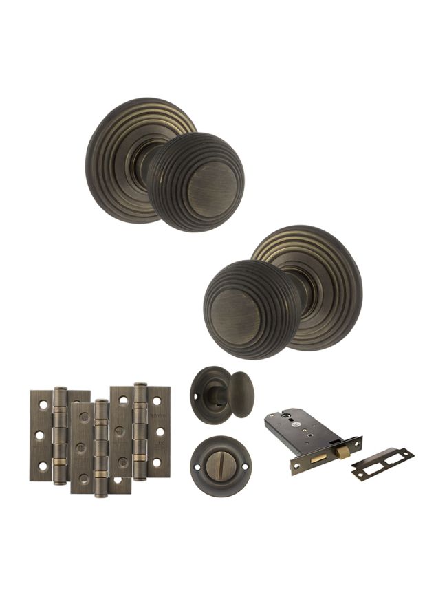 Old English Ripon Door Knob Pack (Lock Set - Horizontal Bathlock, 3" Fire Rated Hinges x3) - Urban Bronze