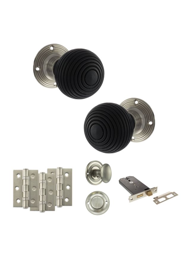 Old English Whitby Door Knob Pack (Lock Set - Horizontal Bathlock, 3" Fire Rated Hinges x3) - Satin Nickel