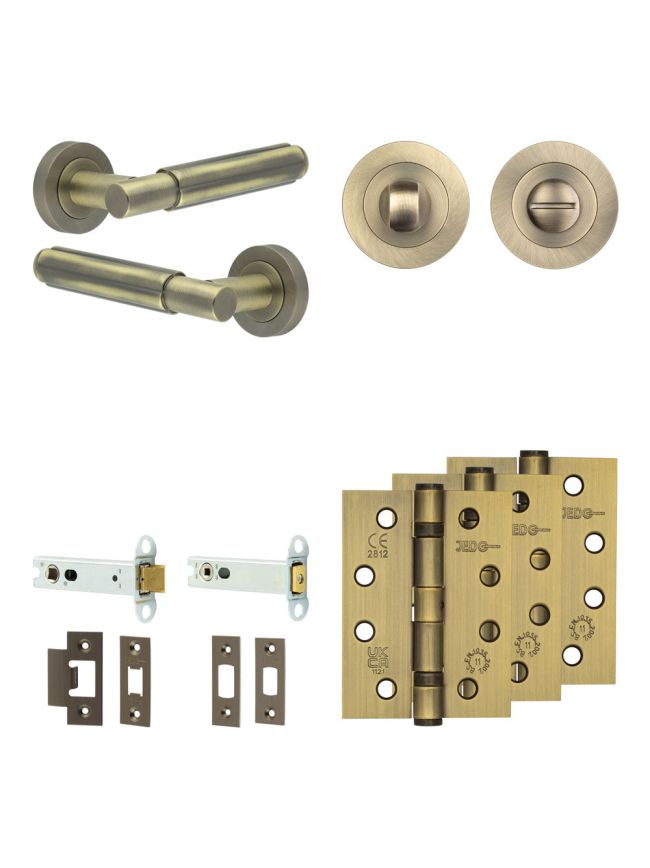 Complete Bloom Door Handle Pack - Heavy Duty Tubular Bathroom (Standard Thumb Turn) - Antique Brass - 102mm / 4-inch Hinges - JE-B32A3-AB