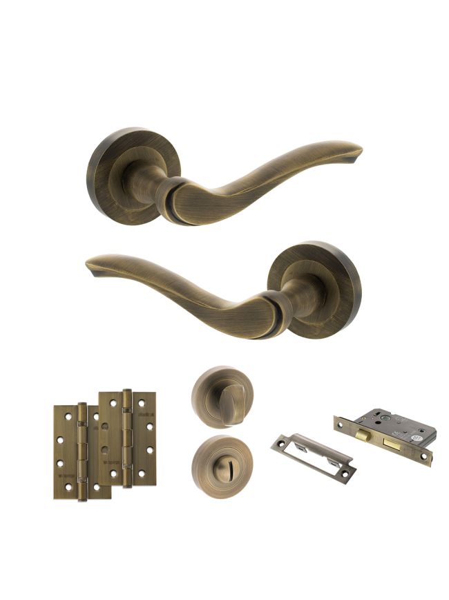 Old English Warwick Door Handle Pack (Bathroom Set - 2.5" CE Bathroom Lock, 4" Slim Knuckle Hinges x2) - Matt Antique Brass