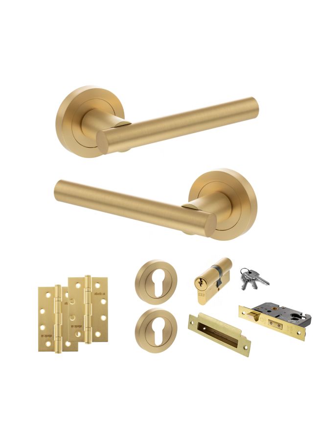 STATUS Nebraska Door Handle Pack (Euro Lock Set - 2.5" CE Sashlock, 4" Slim Knuckle Hinges x2) - Satin Brass