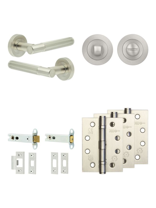 Complete Venice Door Handle Pack - Heavy Duty Tubular Bathroom (Standard Thumb Turn) - Satin Nickel - 102mm / 4-inch Hinges - JE-F32A3-SN