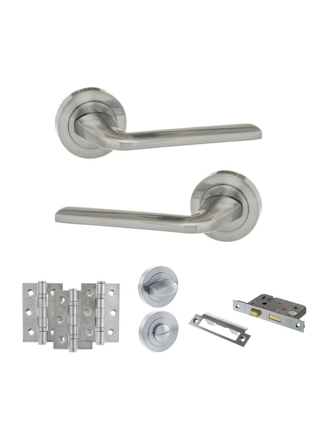 Eco Surf Door Handle Pack (Bathroom Set - 3" CE Bathroom Lock, 3" Fire Rated Hinges x3) - Satin Chrome