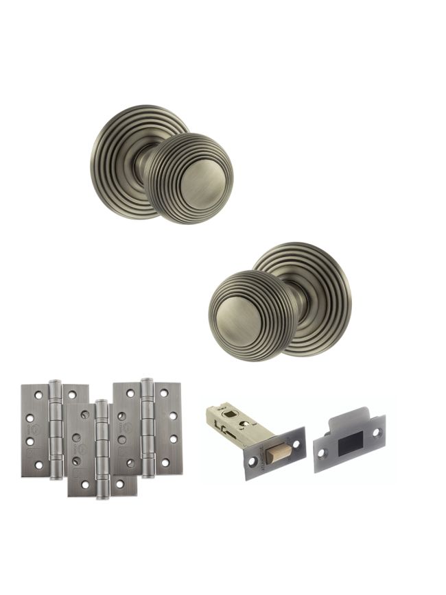 Old English Ripon Door Knob Pack (Latch Set - 4" HD Latch, 4" Fire Rated Hinges x3) - Matt Gun Metal