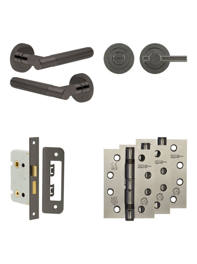 Complete Venice Door Handle Pack - Bathroom Lock (Plain Thumb Turn) - Black Nickel - 65mm / 4-inch Hinges - JE-F5A2-BN