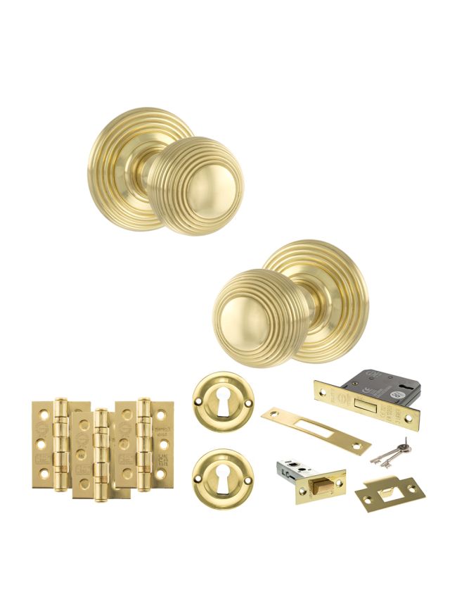 Old English Ripon Door Knob Pack (Lock Set - 3" Latch & Deadlock, 3" Fire Rated Hinges x3) - Polished Brass