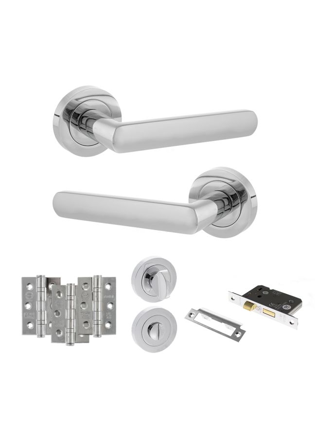 STATUS Carolina Door Handle Pack (Bathroom Set - 2.5" CE Bathroom Lock, 3" Fire Rated Hinges x3) - Polished Chrome
