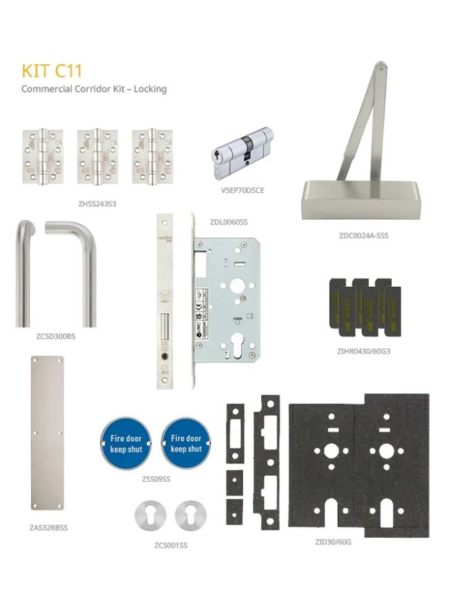 Zoo Hardware Fire Door Pack - FDP-C11-30/60 - Corridor - Locking - Commercial Version - Inc ZDC0024A-SSS - Stainless Steel