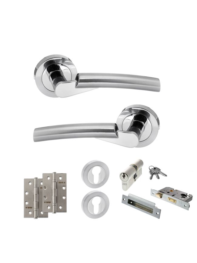 STATUS Florida Door Handle Pack (Euro Lock Set - 3" CE Sashlock, 4" Slim Knuckle Hinges x2) - Satin Chrome/Polished Chrome