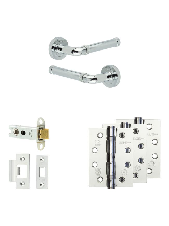 Complete Midtown Door Handle Pack - Heavy Duty Latch - Polished Chrome - 76mm / 4-inch Hinges - JE-G21A-PC