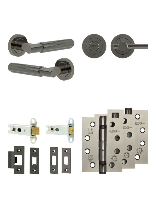 Complete Bloom Door Handle Pack - Heavy Duty Tubular Bathroom (Plain Thumb Turn) - Black Nickel - 76mm / 4-inch Hinges - JE-B31A2-BN