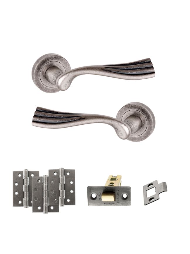 Old English Richmond Door Handle Pack (Latch Set - 2.5" CE Latch, 4" Fire Rated Hinges x3) - Distressed Silver
