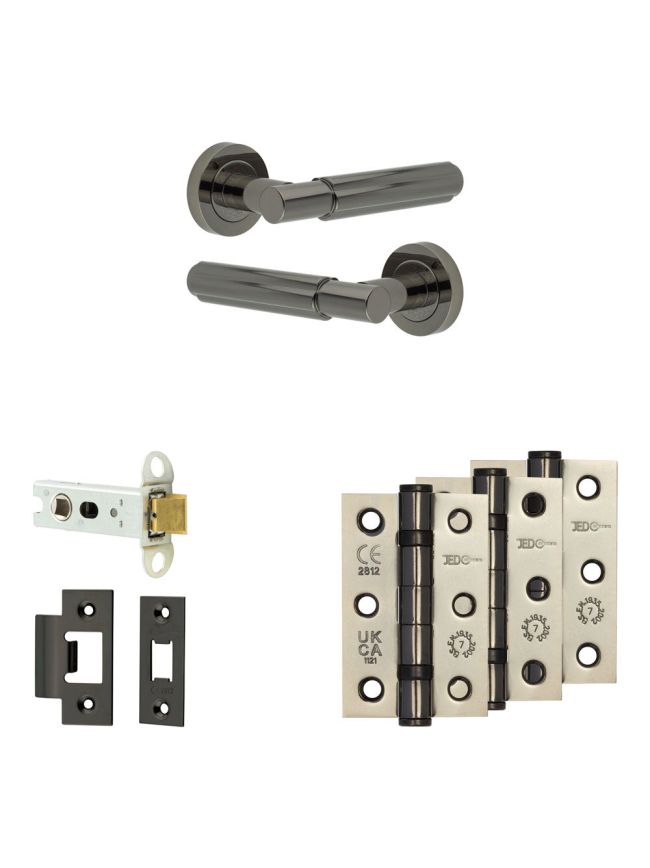 Complete Bloom Door Handle Pack - Heavy Duty Latch - Black Nickel - 76mm / 3-inch Hinges - JE-B21B-BN