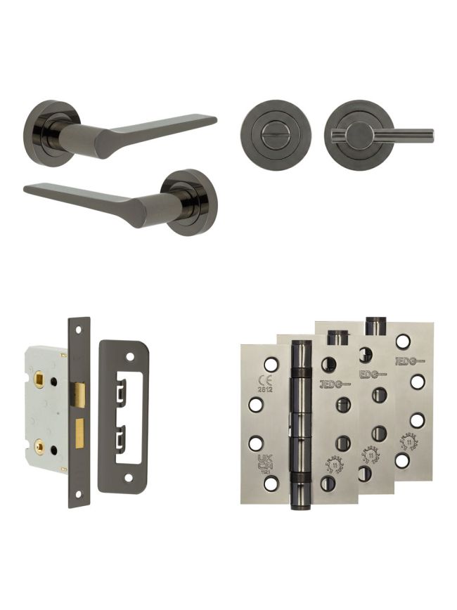 Complete Gio Door Handle Pack - Bathroom Lock (Plain Thumb Turn) - Black Nickel - 65mm / 4-inch Hinges - JE-E5A2-BN