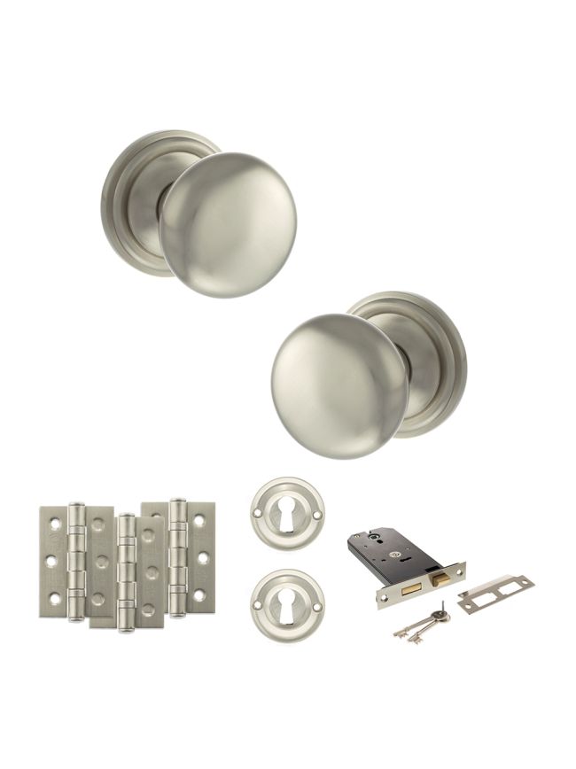 Old English Harrogate Door Knob Pack (Lock Set - Horizontal Sashlock, 3" Fire Rated Hinges x3) - Satin Nickel