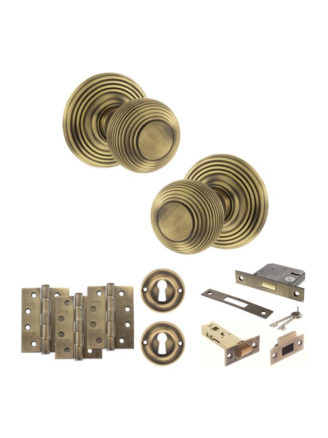 Old English Ripon Door Knob Pack (Lock Set - 3" Latch & Deadlock, 4" Fire Rated Hinges x3) - Matt Antique Brass