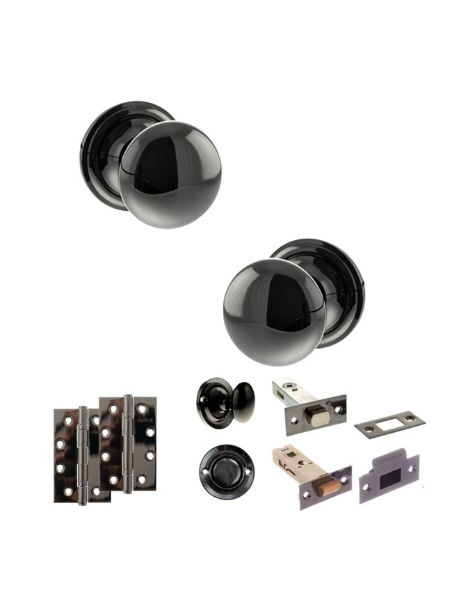 Old English Harrogate Door Knob Pack (Bathroom Set - 4" Deadbolt, 4" Slim Knuckle Hinges x2) - Black Nickel