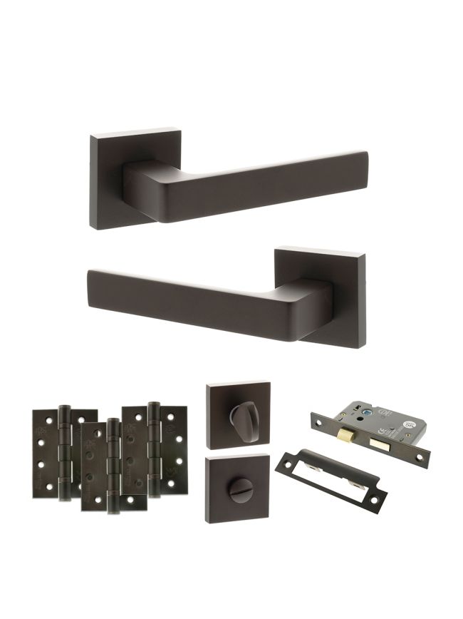 STATUS Montana Door Handle Pack (Bathroom Set - 2.5" CE Bathroom Lock, 4" Fire Rated Hinges x3) - Urban Dark Bronze