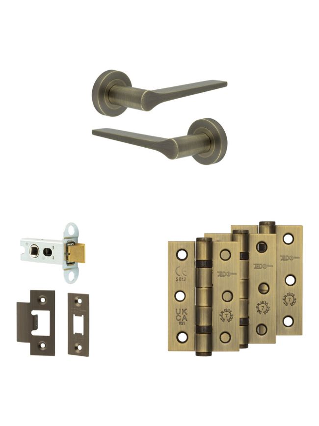 Complete Gio Door Handle Pack - Heavy Duty Latch - Antique Brass - 64mm / 3-inch Hinges - JE-E20B-AB