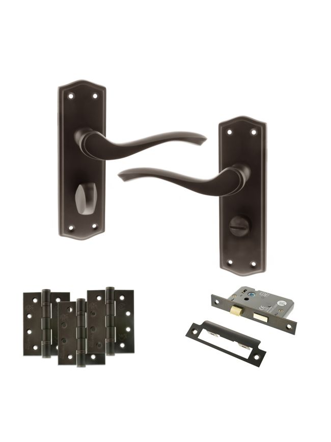 Old English Warwick Door Handle Pack (Bathroom Set - 3" CE Bathroom Lock, 4" Fire Rated Hinges x3) - Urban Dark Bronze